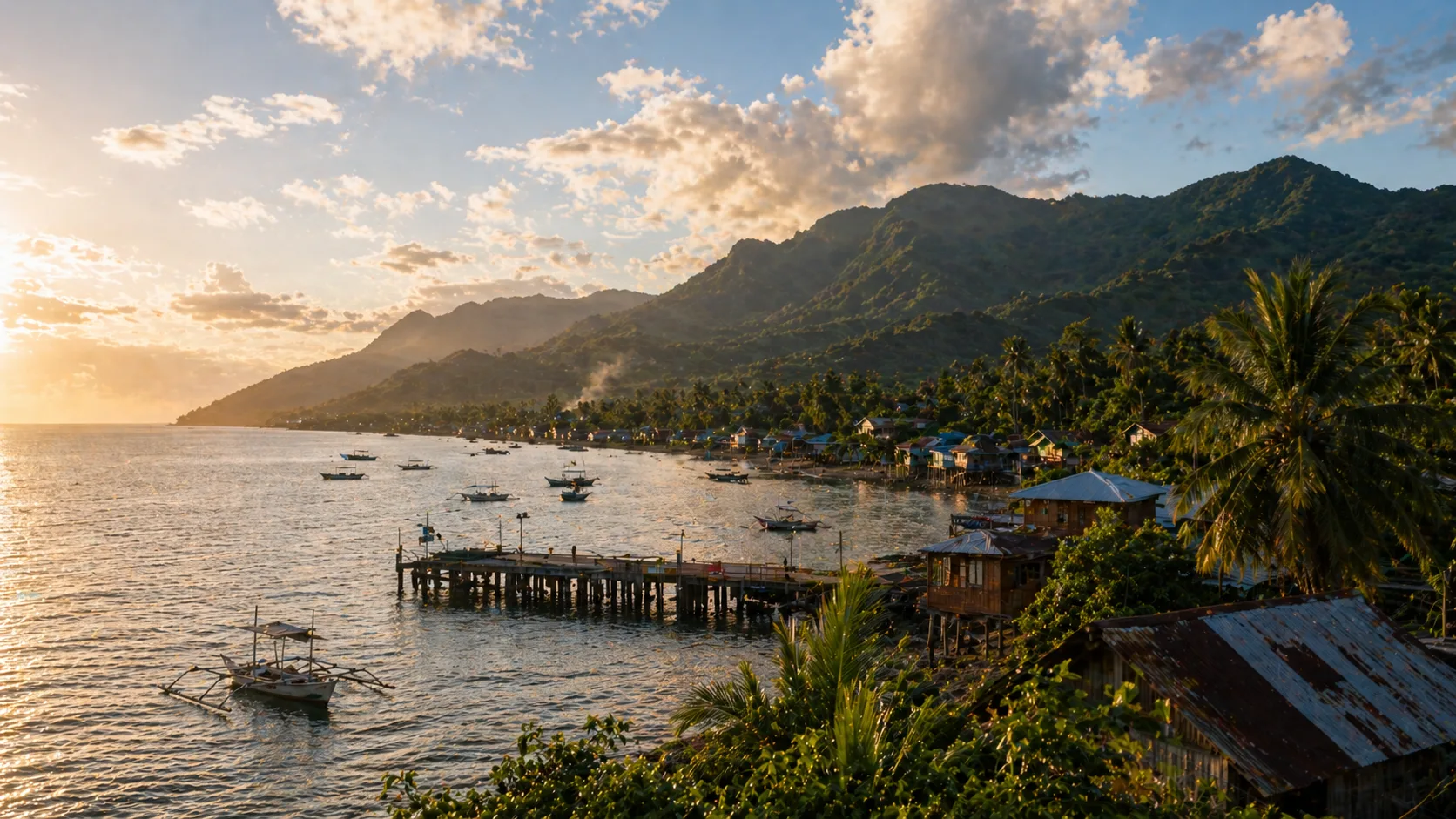 Atmospheric coastal village with mountains and calm water at golden hour.