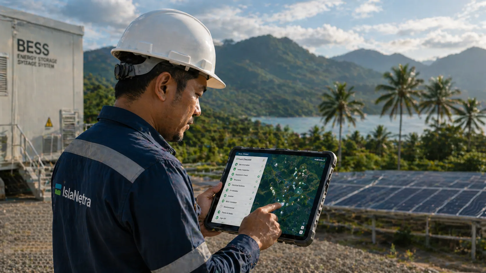 Filipino field engineer using a tablet at a renewable energy site.