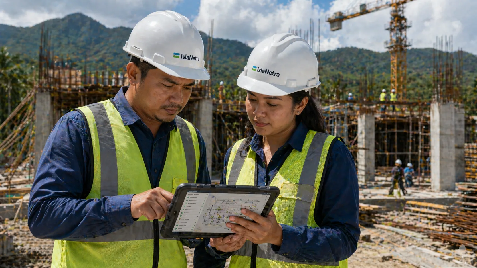 Two Filipino engineers reviewing a tablet on an active construction site.