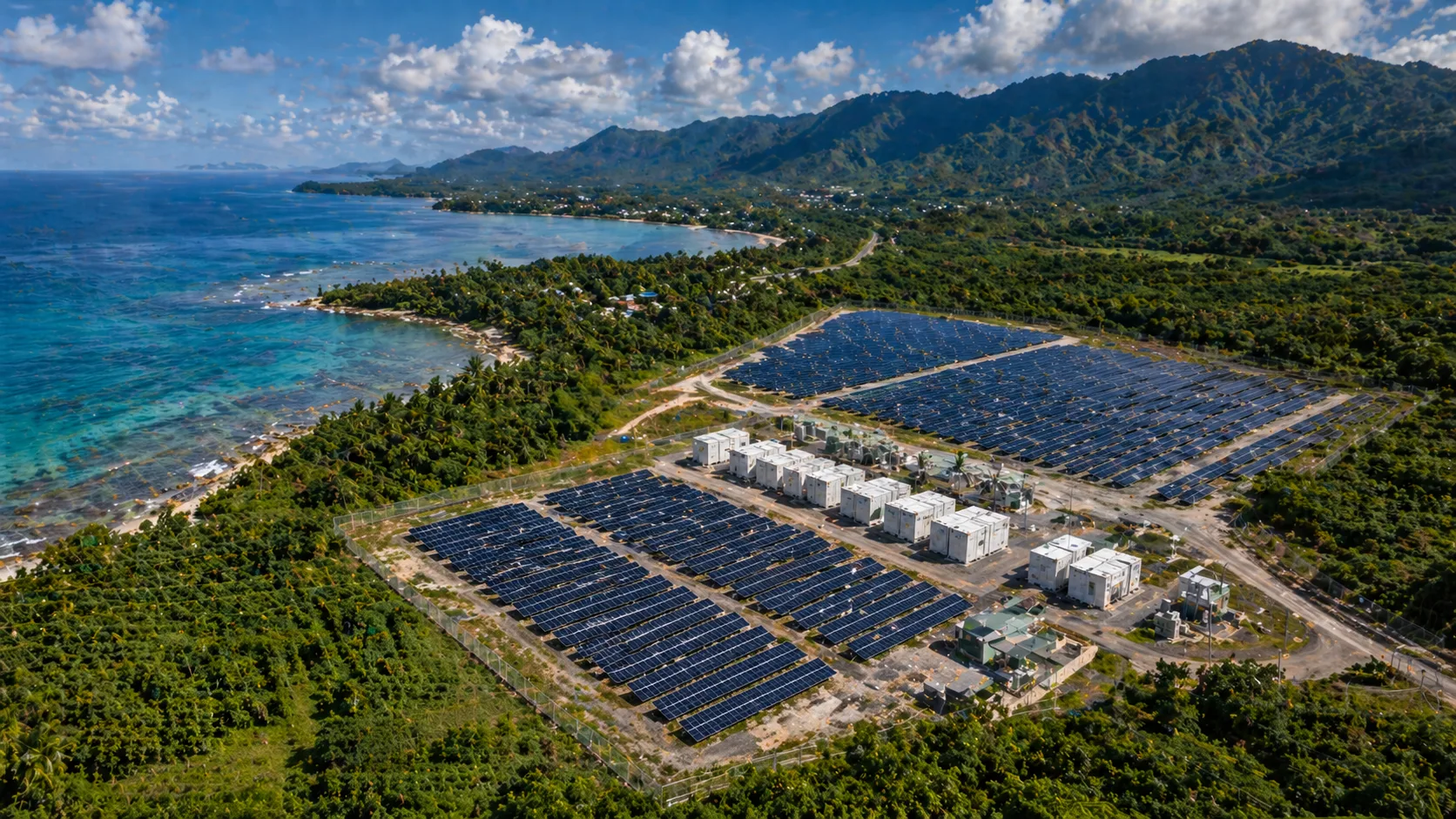 Aerial coastal solar and battery energy storage installation.
